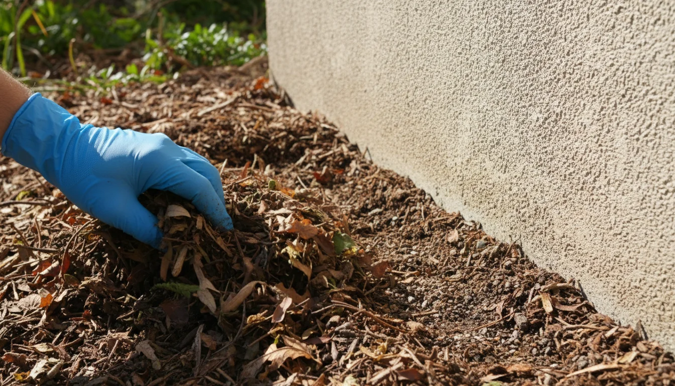 removing mulch from foundation perimeter to create bare zone