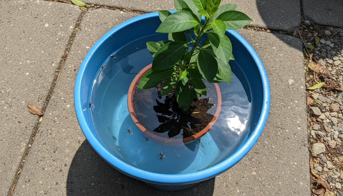 potted plant submerged in bucket of water with ants floating to surface