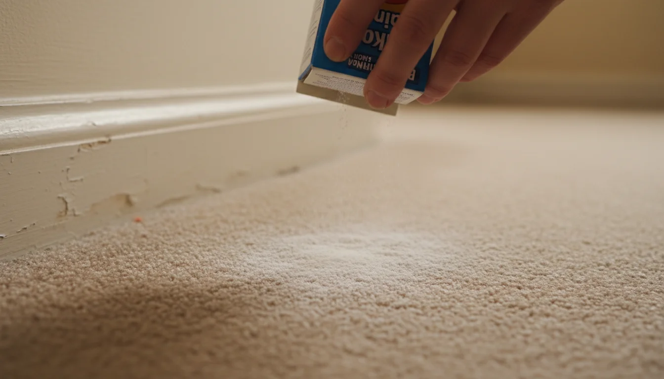 Baking soda being sprinkled onto a carpet to absorb odours