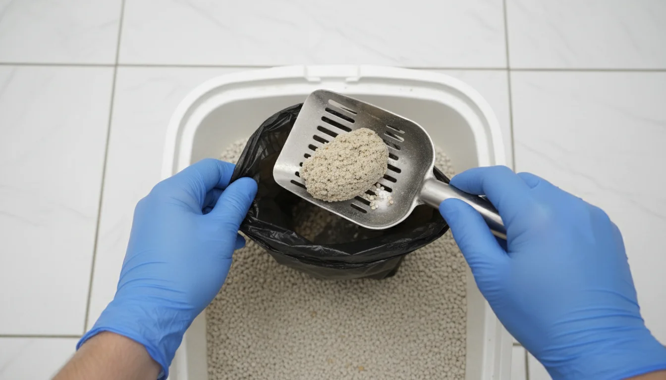 Gloved hands scooping clumped cat litter into a waste bag