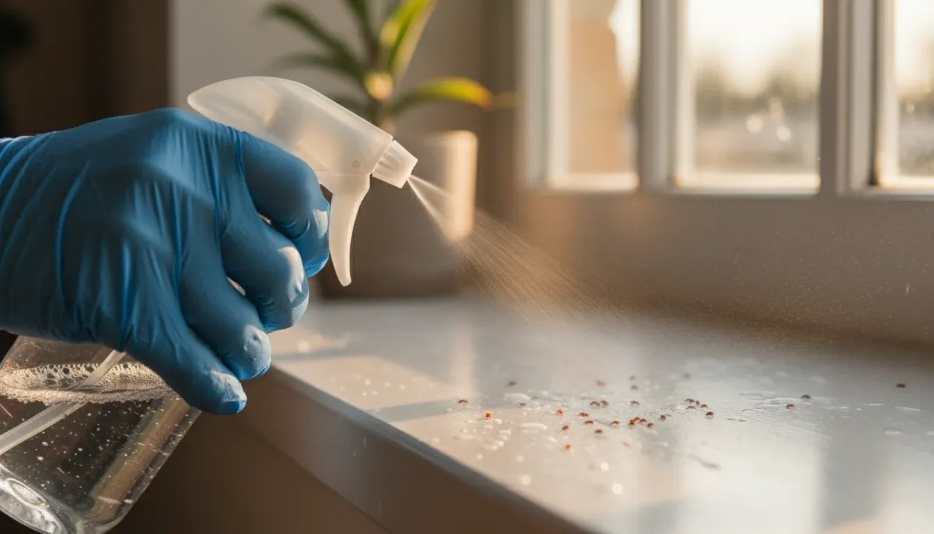 spraying soap solution along windowsill to create barrier against clover mites
