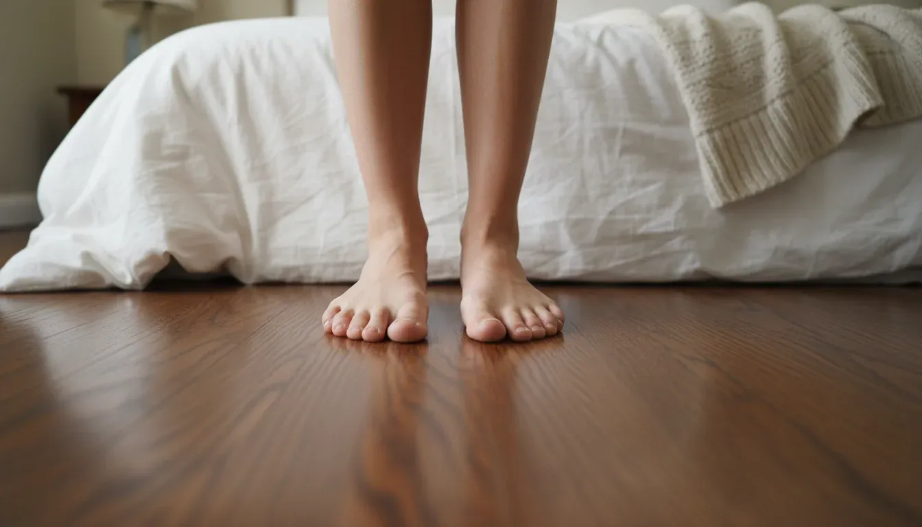 foot placed flat on floor while lying in bed