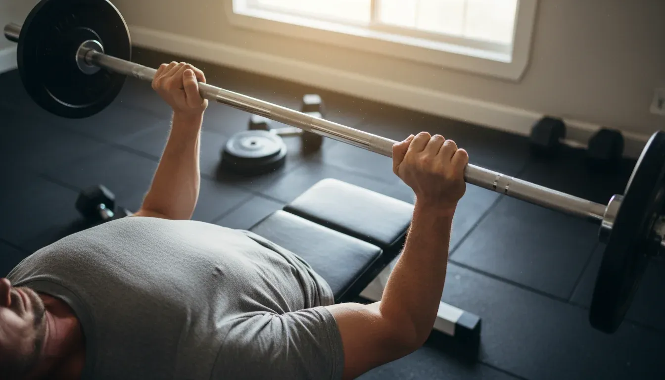 hands gripping barbell during bench press exercise