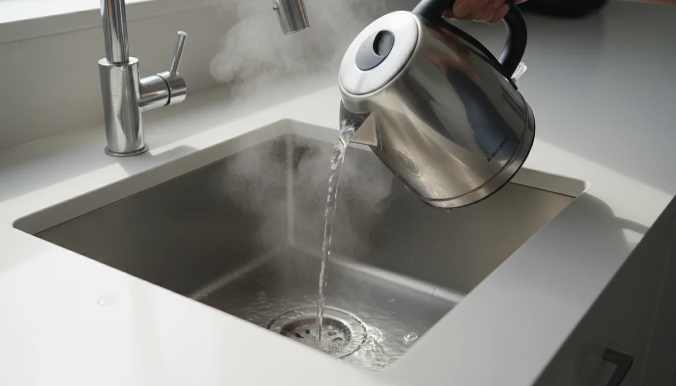 Pouring boiling water from a kettle into a kitchen sink drain to kill fruit fly larvae