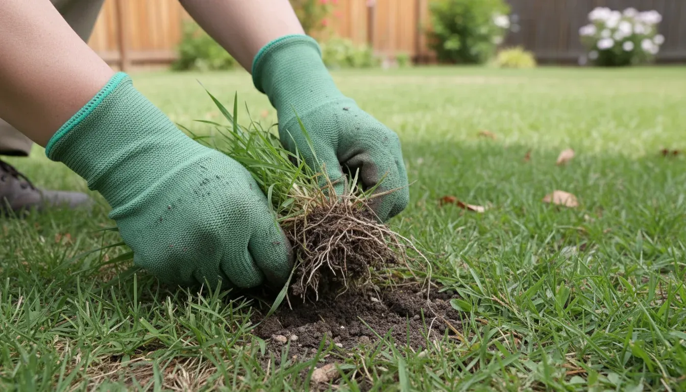 Gloved hands pulling a goosegrass weed from a lawn