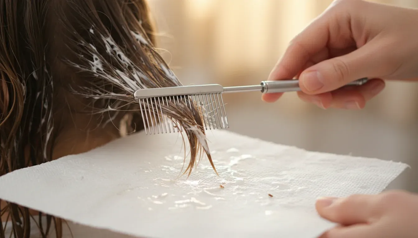 using fine-toothed nit comb on wet hair with conditioner