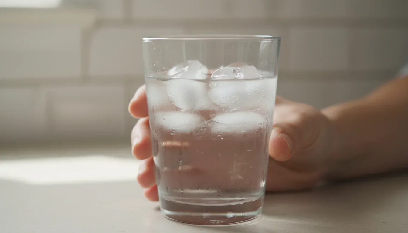 glass of ice water being held ready to drink