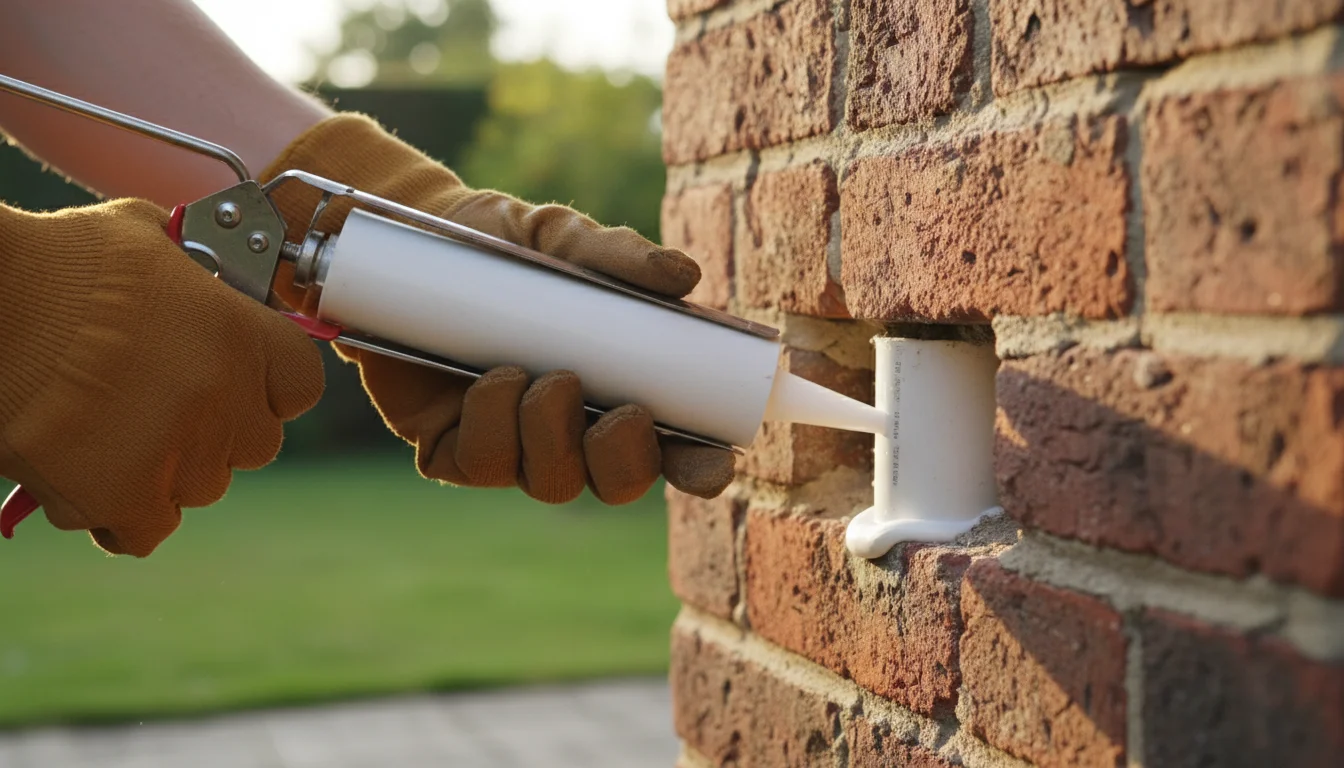 Sealing pipe penetration in foundation wall with caulk to block insect entry
