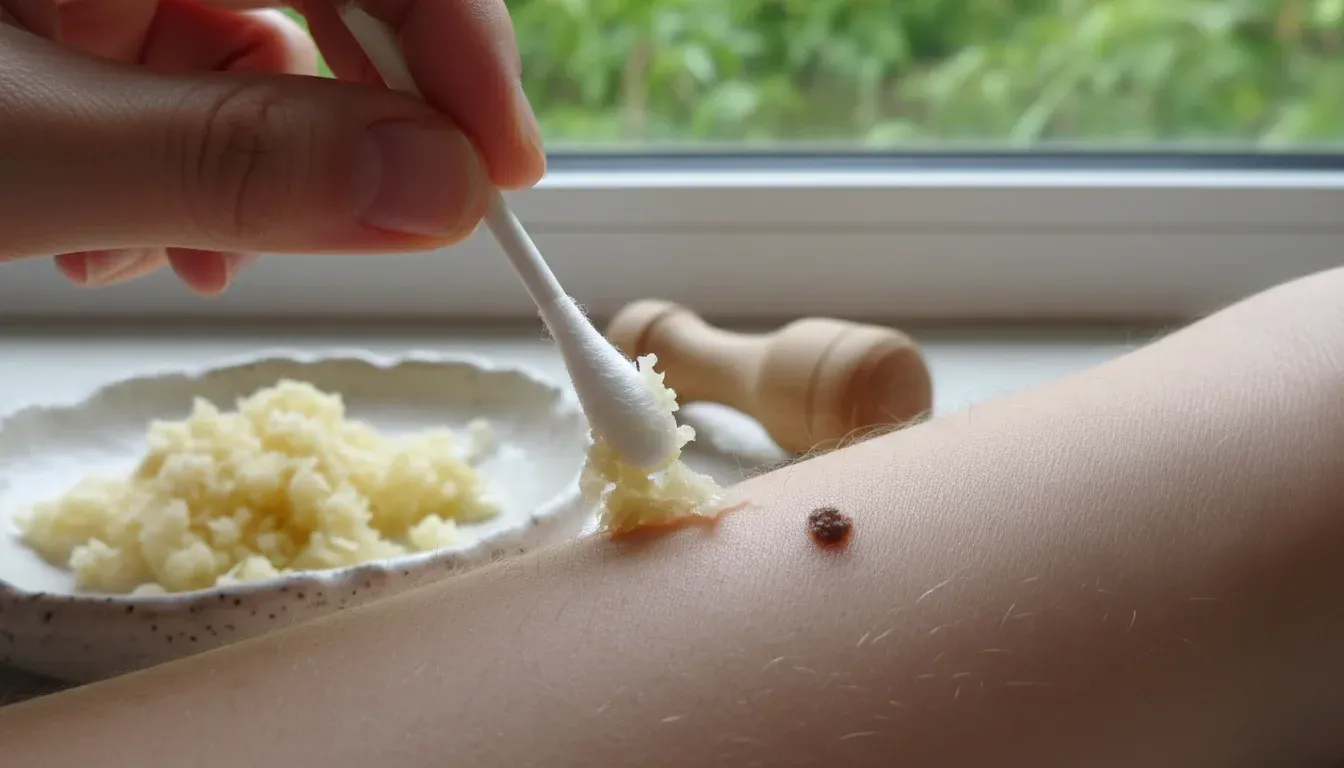 applying crushed garlic to mole with cotton swab