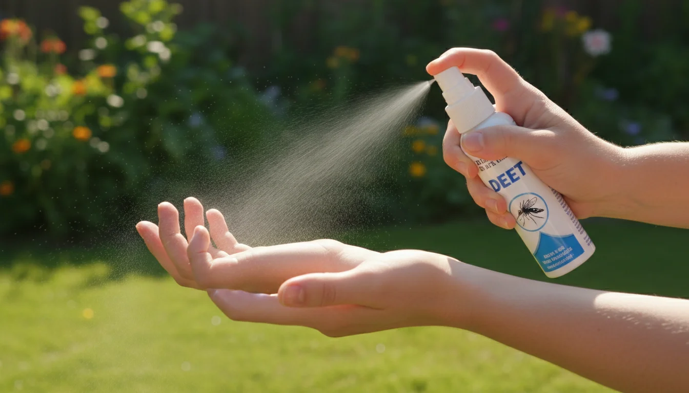 Applying DEET insect repellent spray to bare skin outdoors