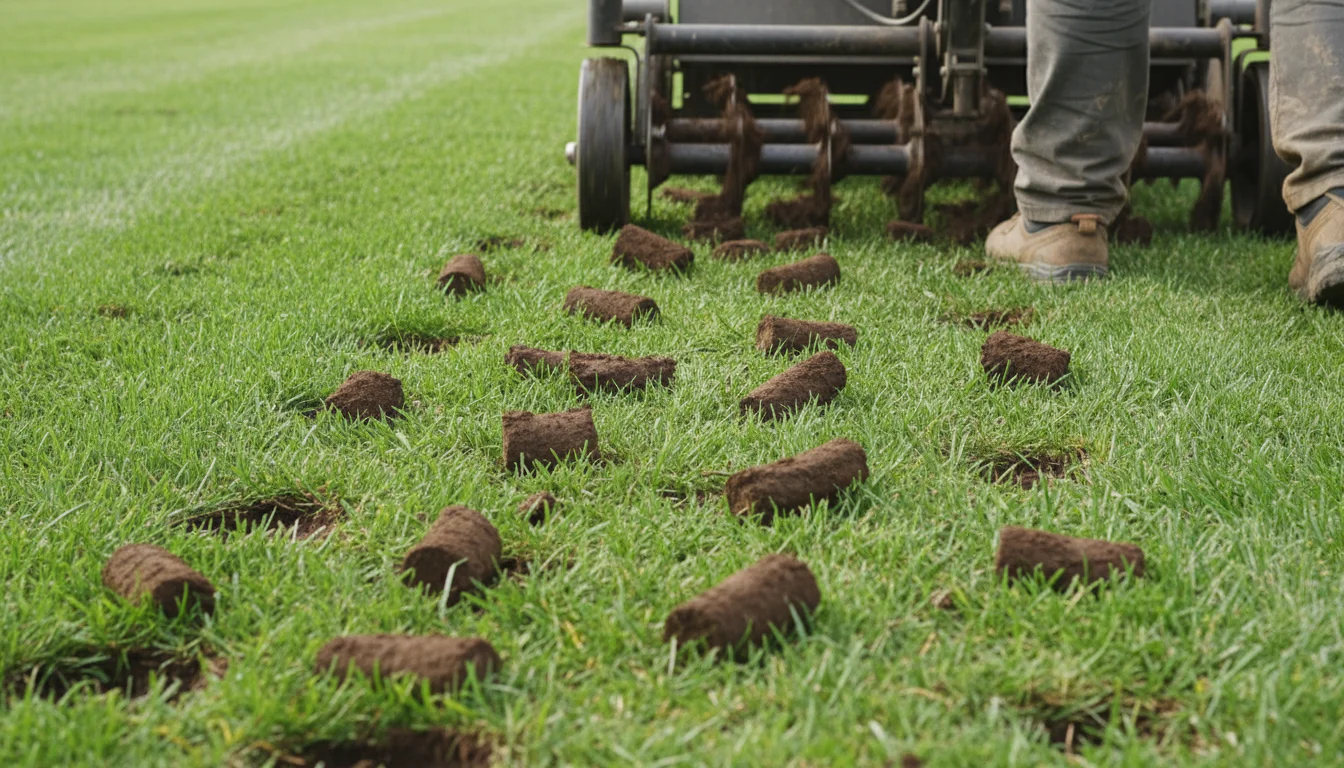 Core aerator pulling soil plugs from a mushroom-prone lawn