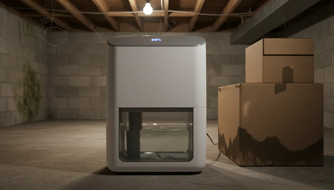 Dehumidifier running in a basement with water collected in its tank
