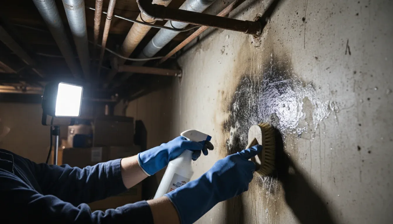 Gloved hands scrubbing mold from a basement wall using vinegar