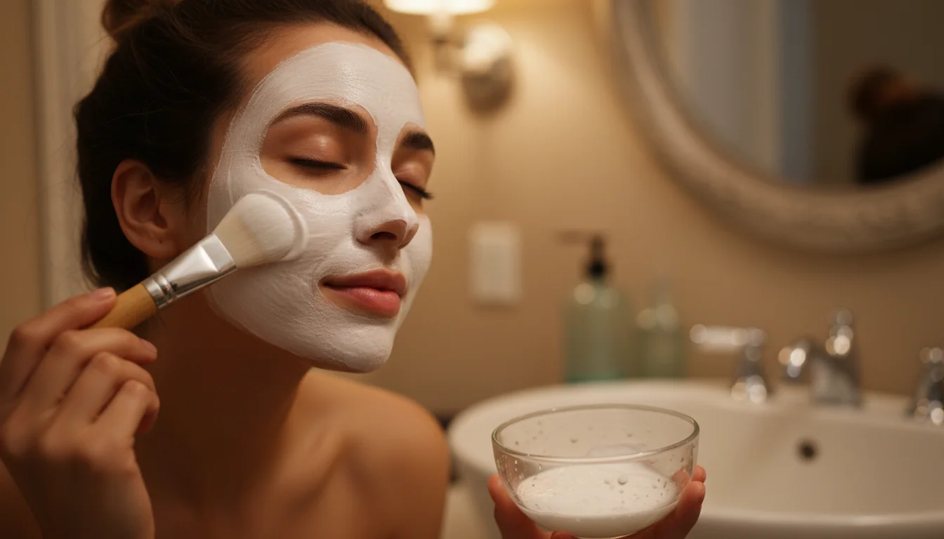 Applying egg white face mask for oily skin treatment
