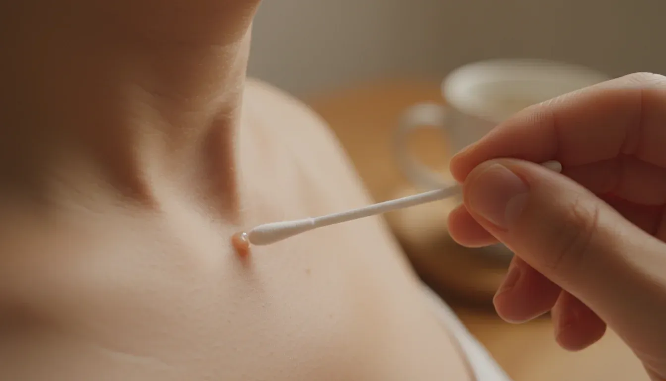 applying tea tree oil to skin tag with cotton swab