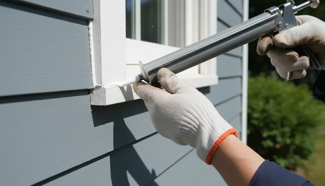 Hands applying white caulk to seal a gap around a window frame