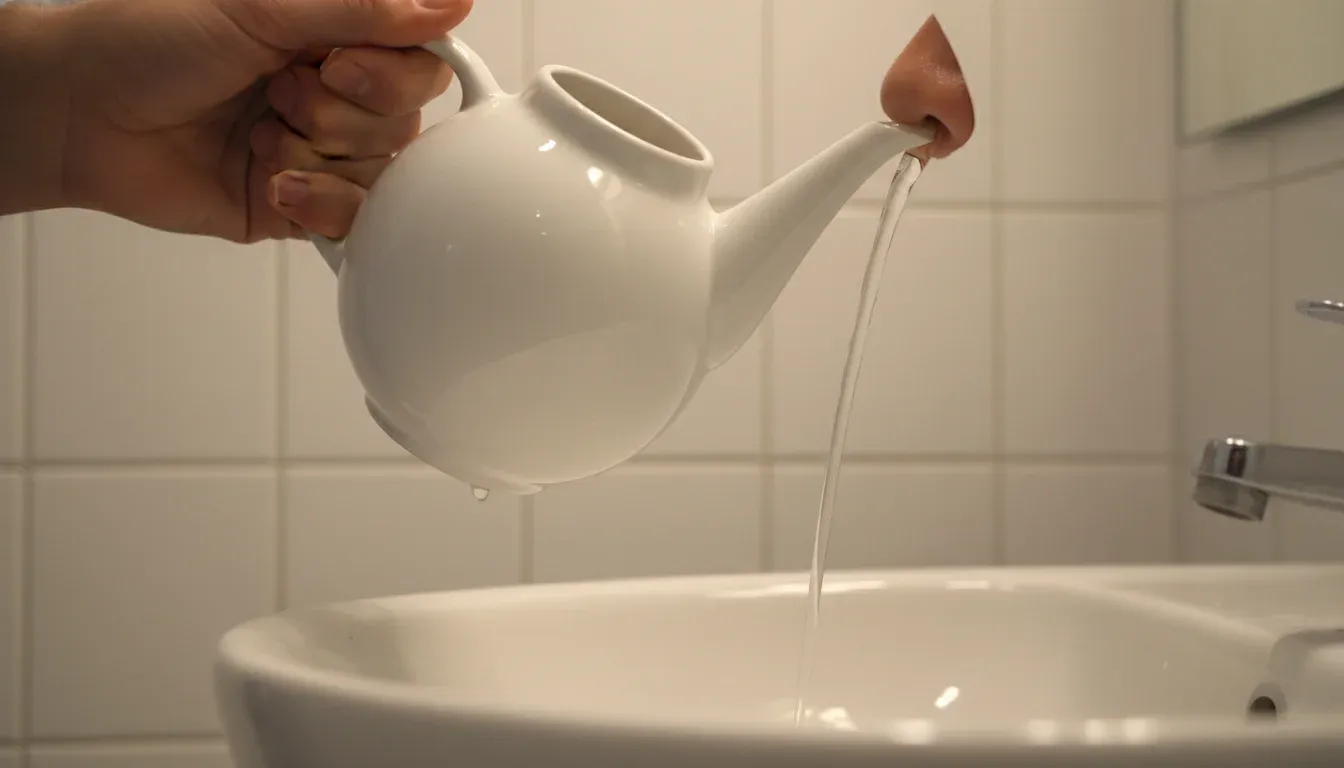 neti pot pouring saline solution into nostril over bathroom sink