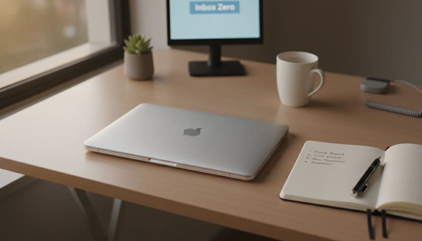 Clean organized desk after a Friday shutdown ritual with to-do list