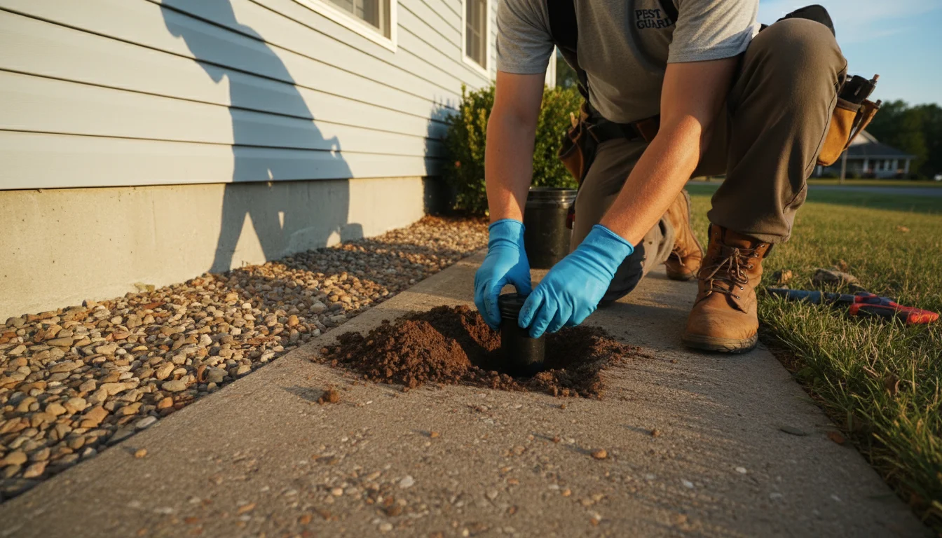 Technician installing termite bait station in soil at foundation