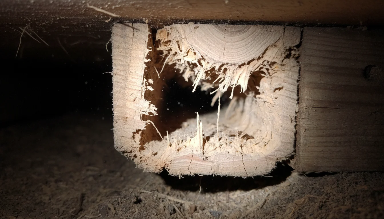 Termite-damaged floor joist showing internal galleries