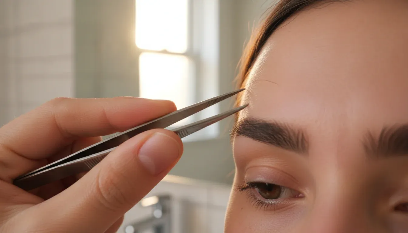 hand using tweezers to pluck unibrow hair