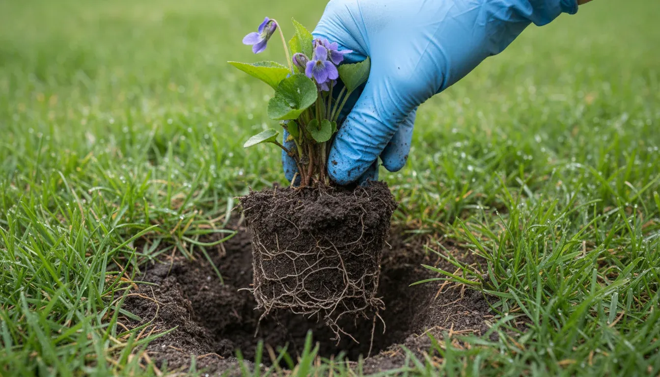 hand pulling violet plant with roots from lawn