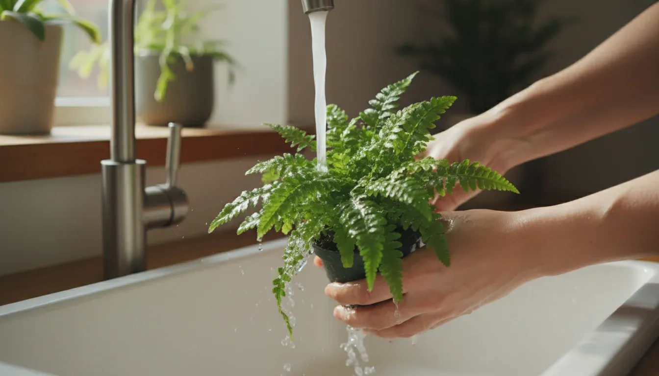 Hands rinsing a potted plant under water in a kitchen sink