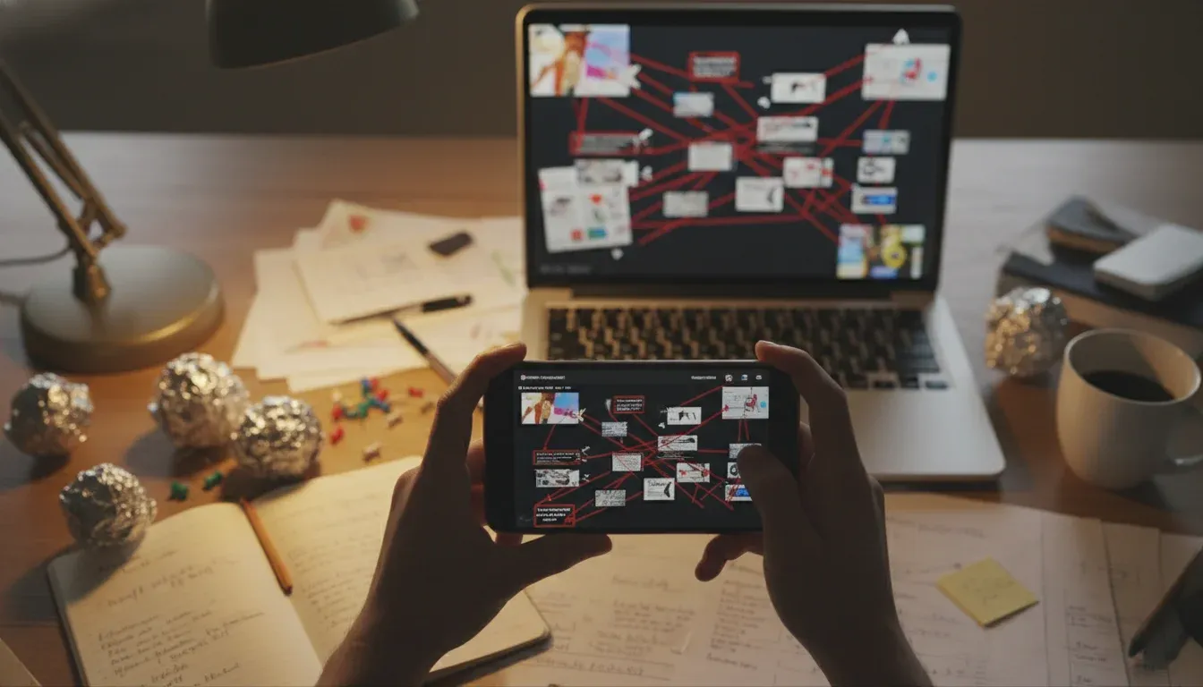 hands holding phone viewing conspiracy theory content with laptop in background