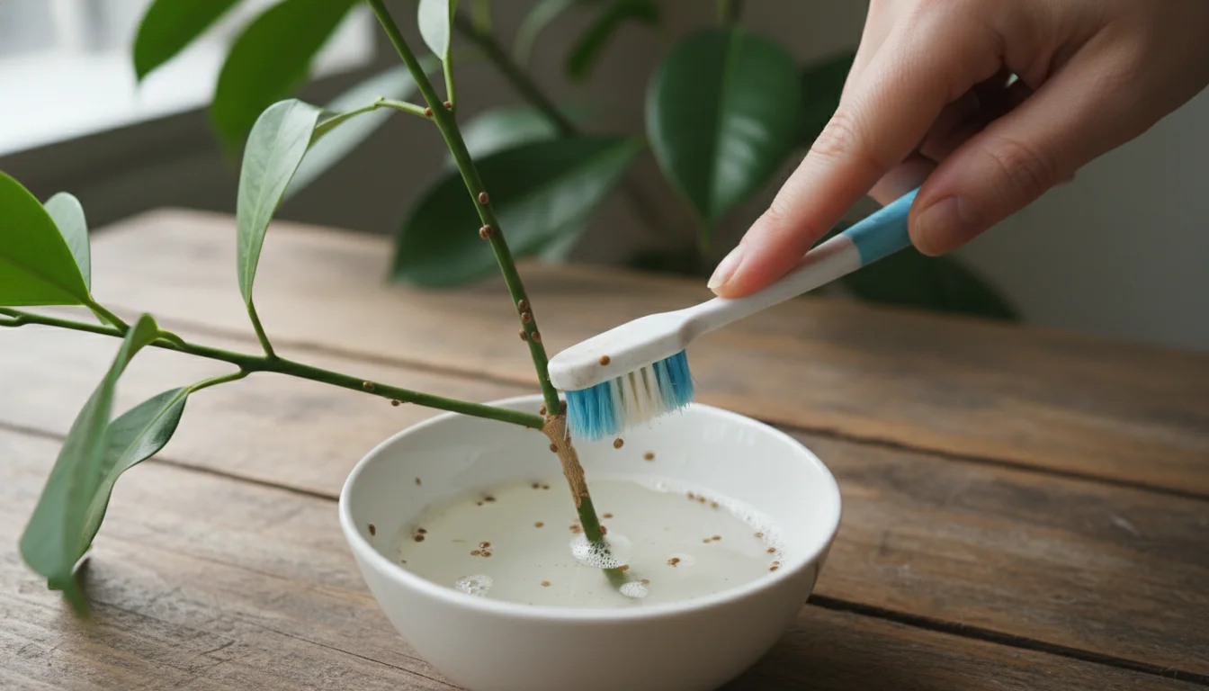 Scraping scale insects off a plant stem with a toothbrush into soapy water