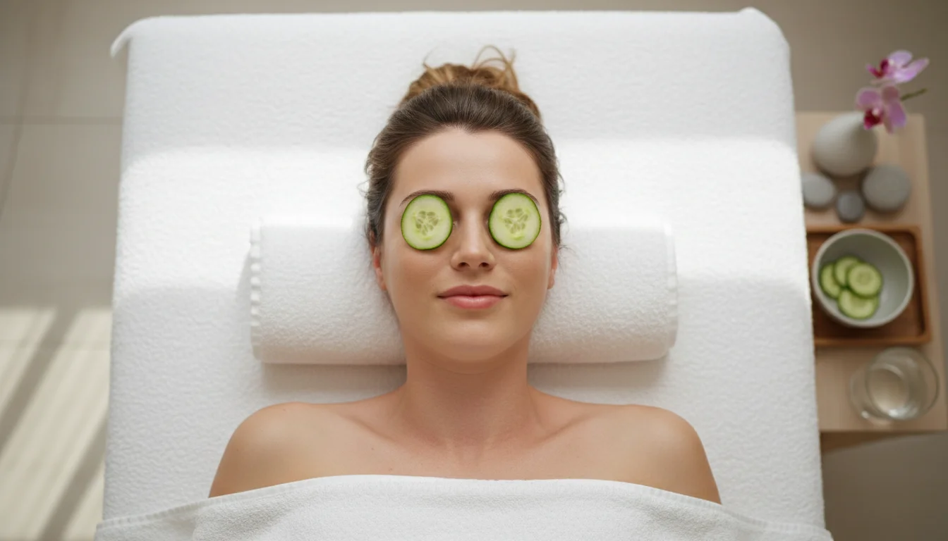 Cucumber slices placed over closed eyes to reduce swelling
