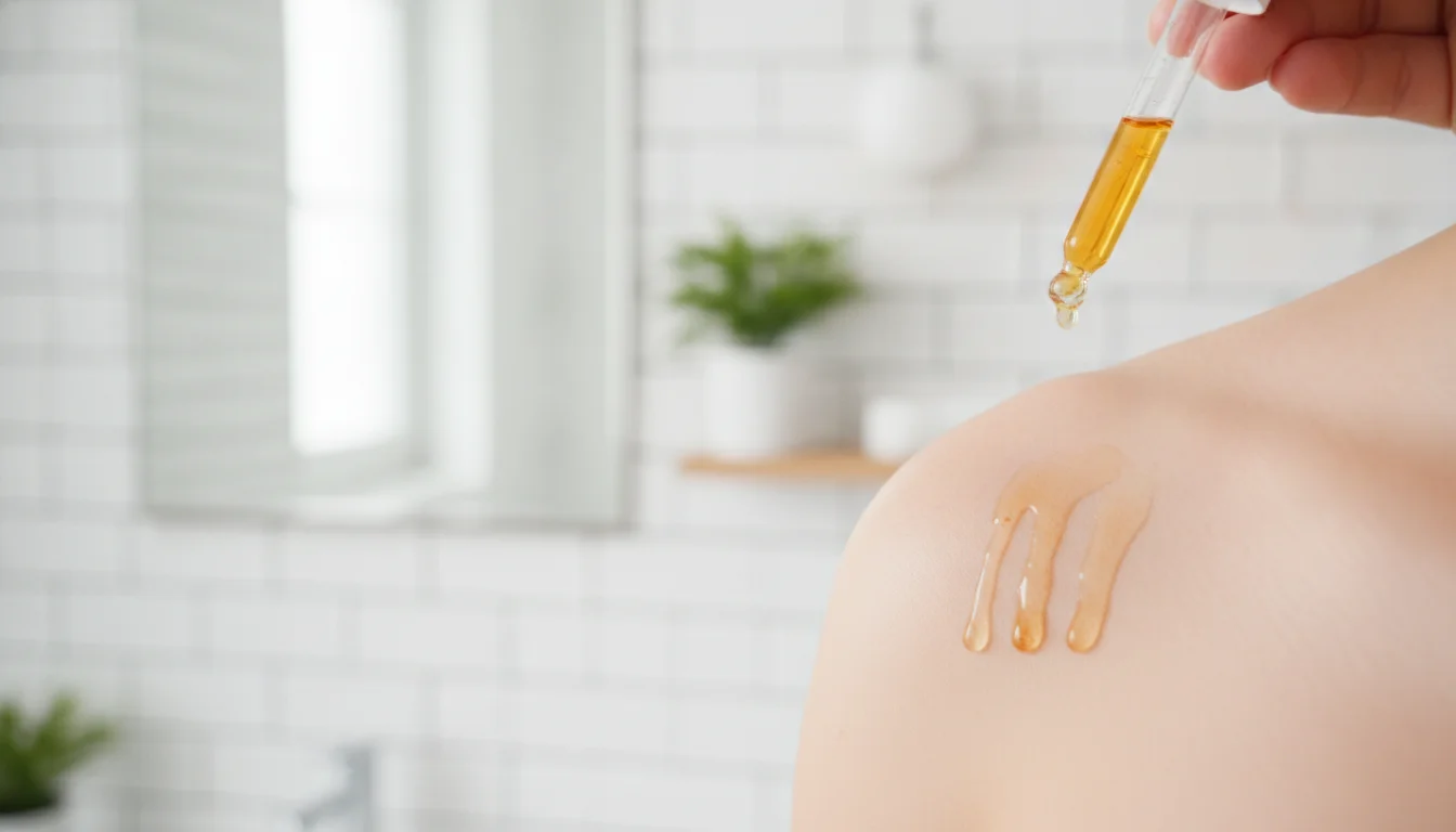 applying vitamin C serum from a dropper to acne-marked skin