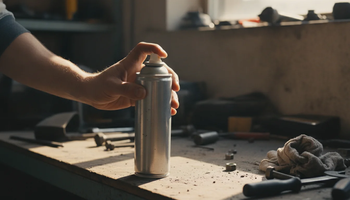 Hands pressing an aerosol can nozzle to check whether any pressure remains
