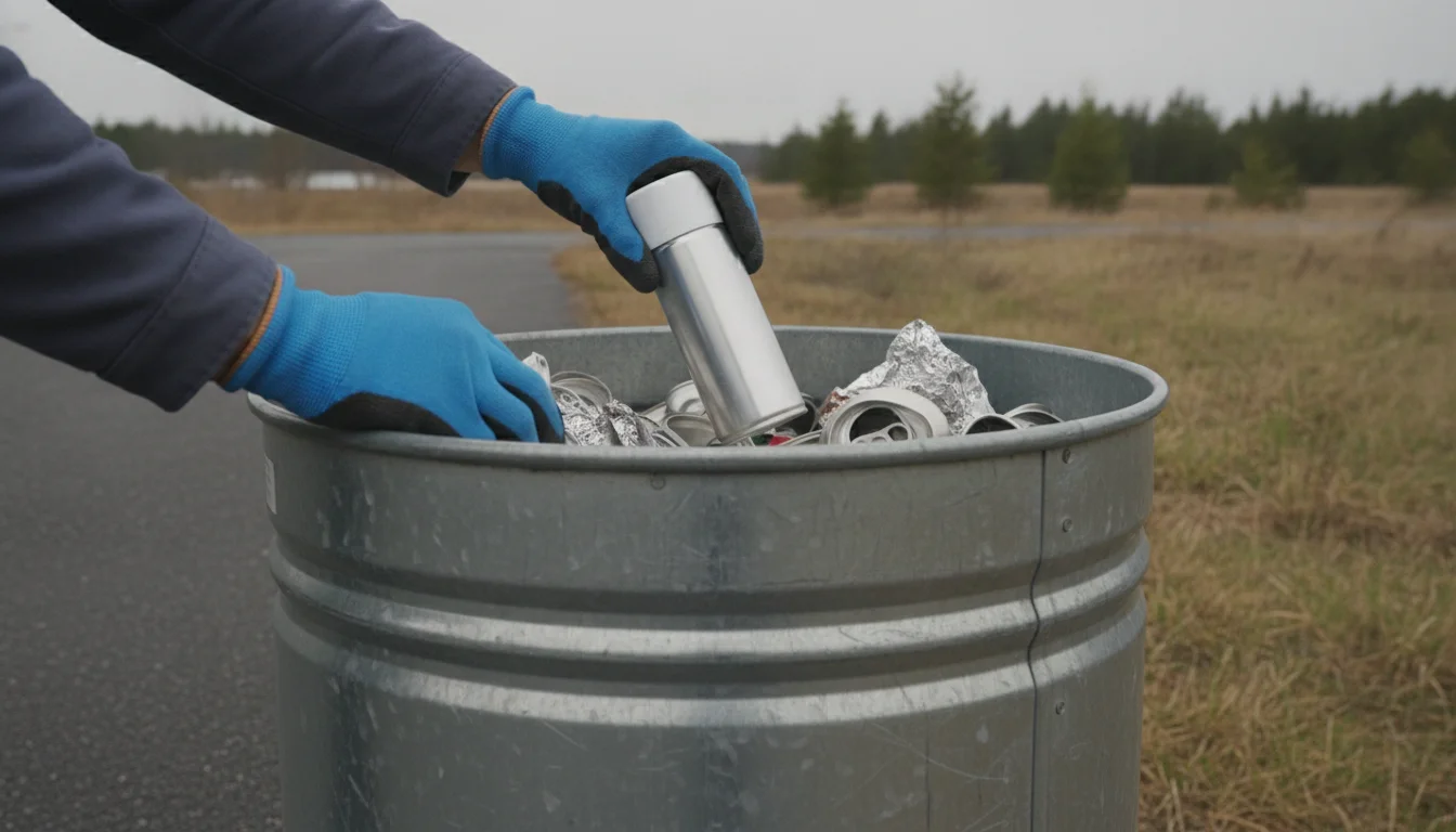Gloved hands placing an aerosol can into a metal collection bin at a drop-off