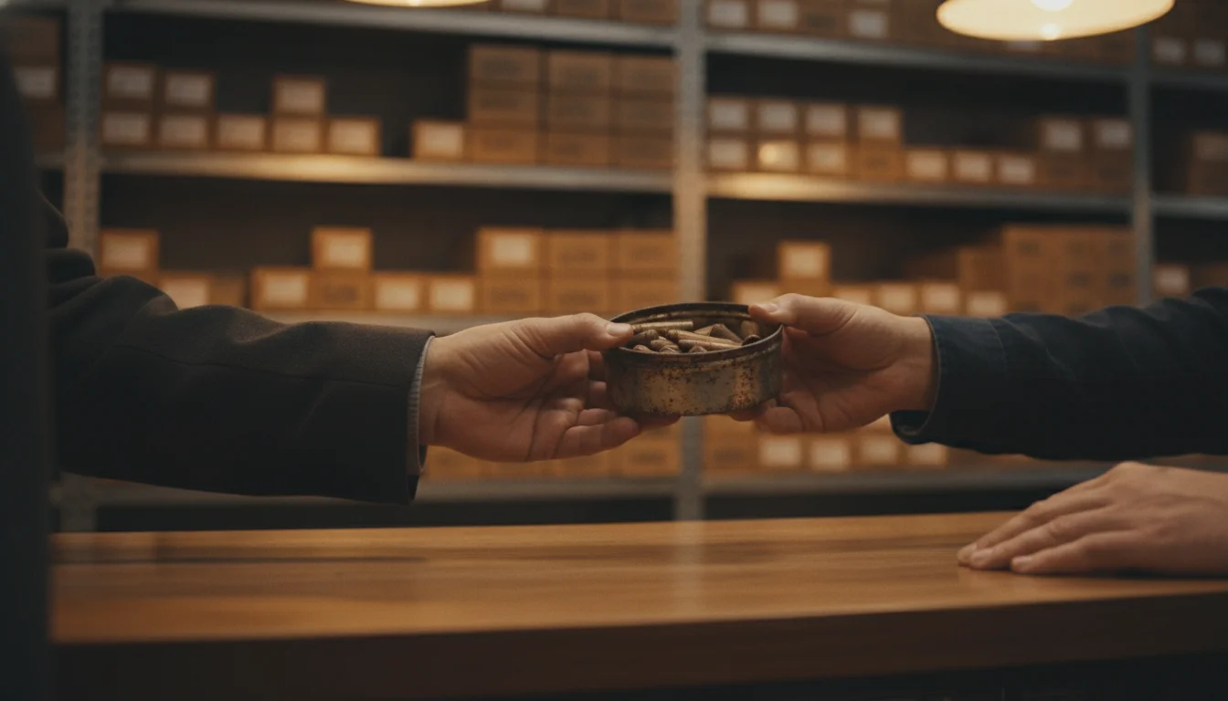 A closed container of old ammunition handed across a gun-store counter for disposal