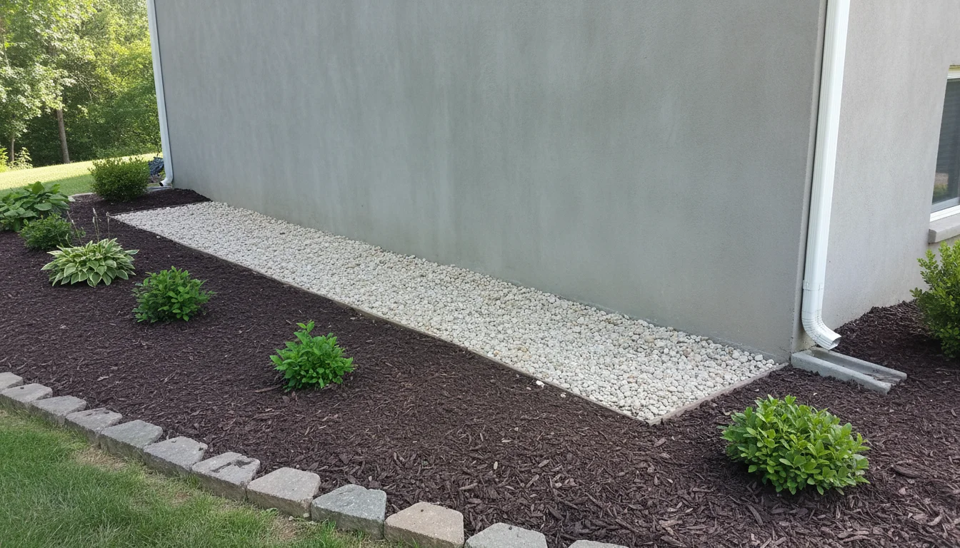 Bare gravel zone maintained between garden mulch and house foundation to deter ant nesting