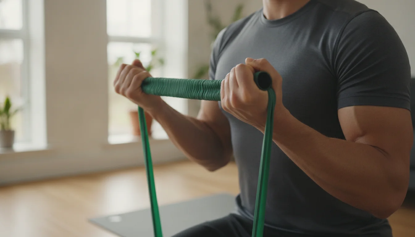 hands performing a seated resistance band row