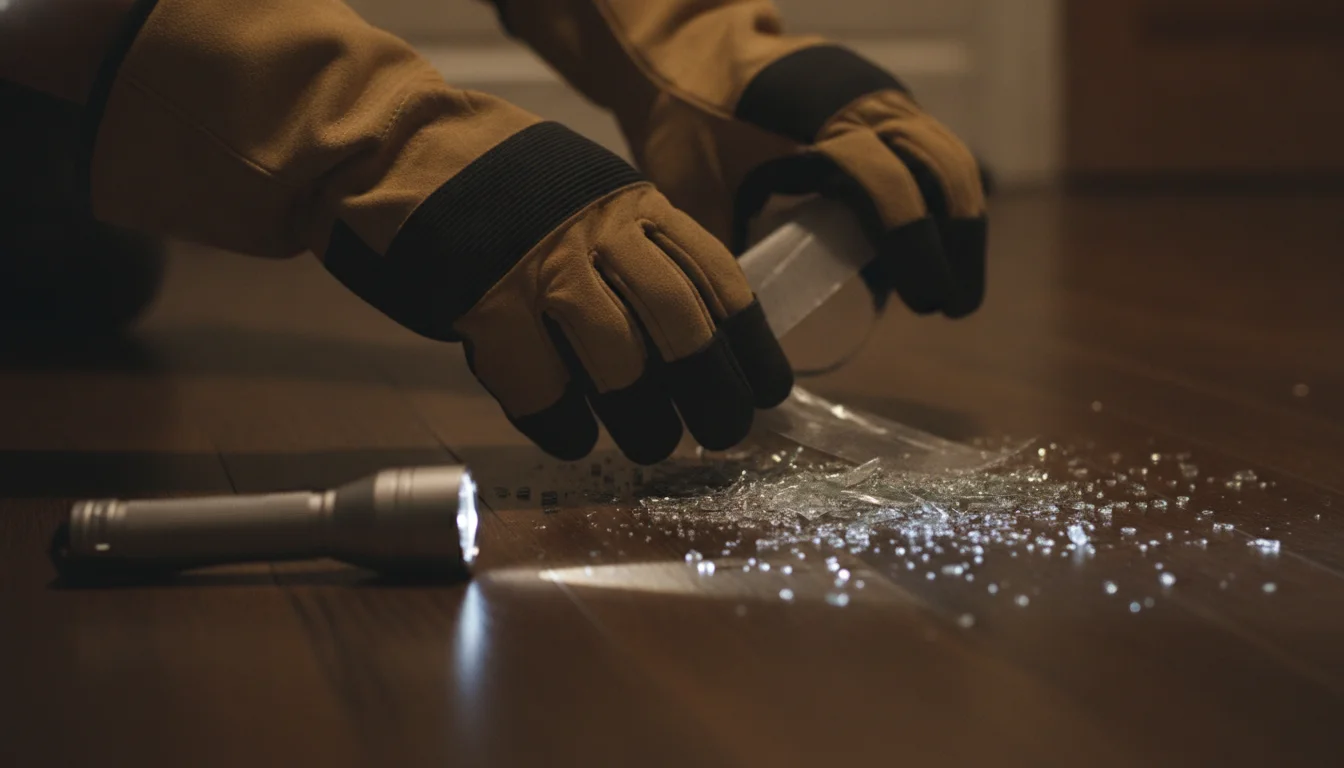 Gloved hands lifting glass shards with tape while a low flashlight reveals the fragments