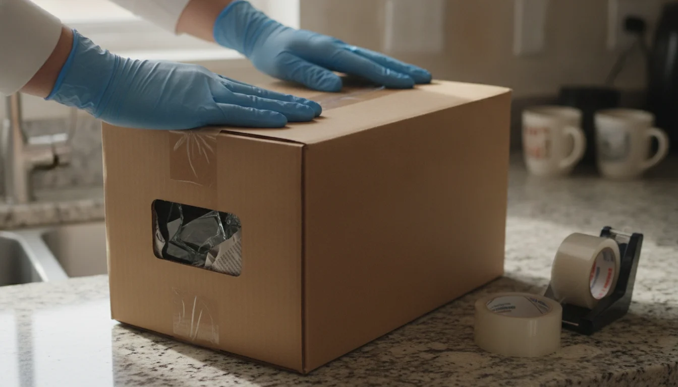Gloved hands taping shut a rigid cardboard box holding broken glass
