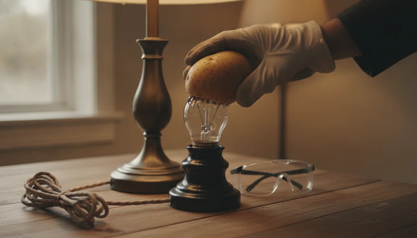 A hand using a cut potato to twist a broken bulb base out of an unplugged lamp socket