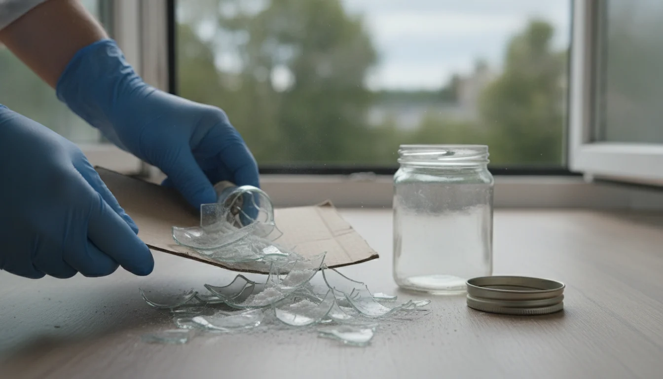 Gloved hands scooping broken CFL glass and powder onto cardboard next to a sealable glass jar