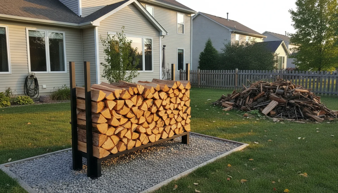 Firewood stack elevated on a metal rack on gravel, away from the house