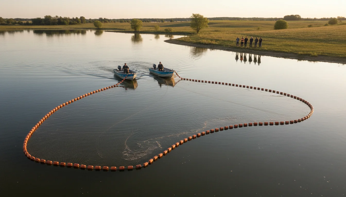 Two boats pulling a large seine net across a lake during a carp removal operation