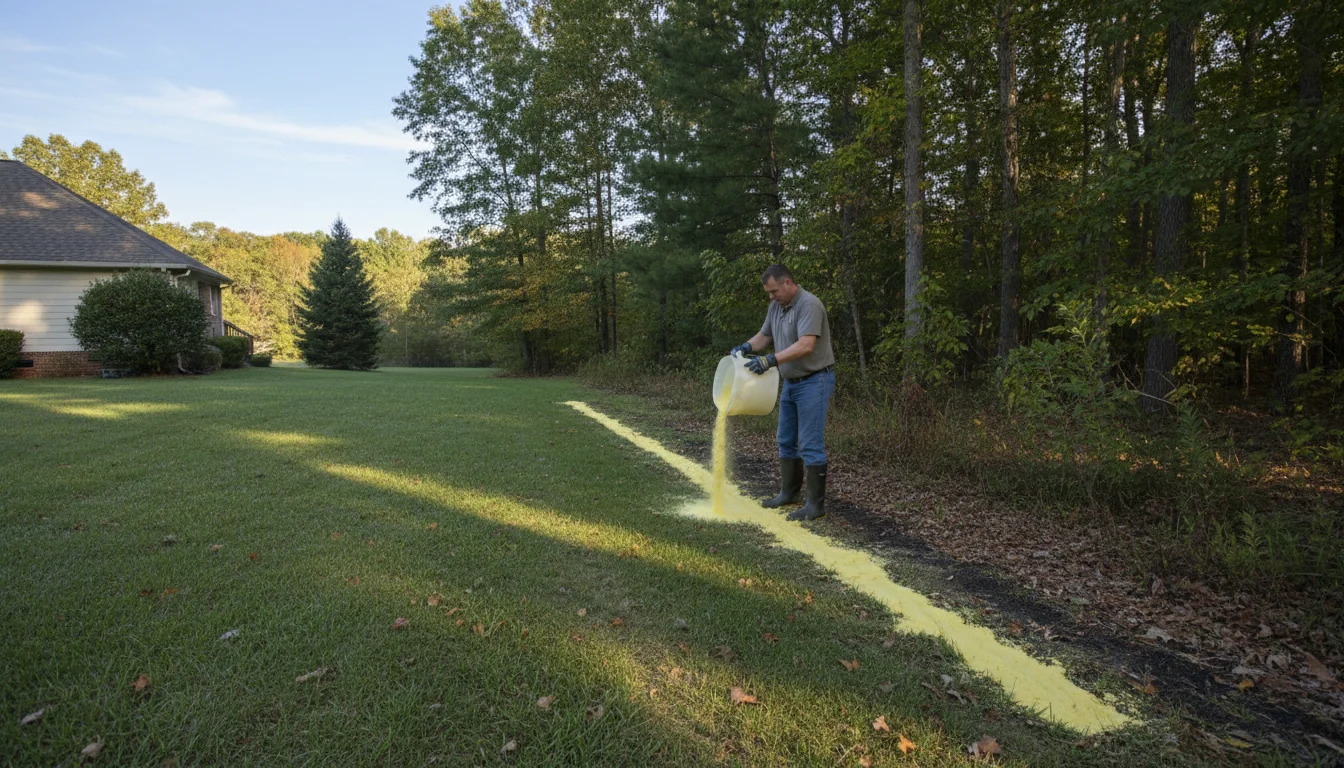 Applying sulfur powder along the perimeter where lawn meets wooded area to create a chigger barrier