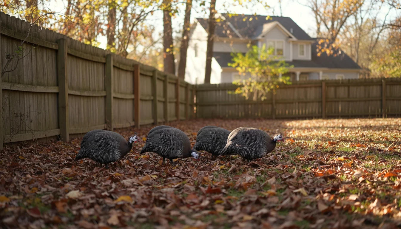 Guinea fowl foraging through leaf litter at the yard edge to control chigger populations