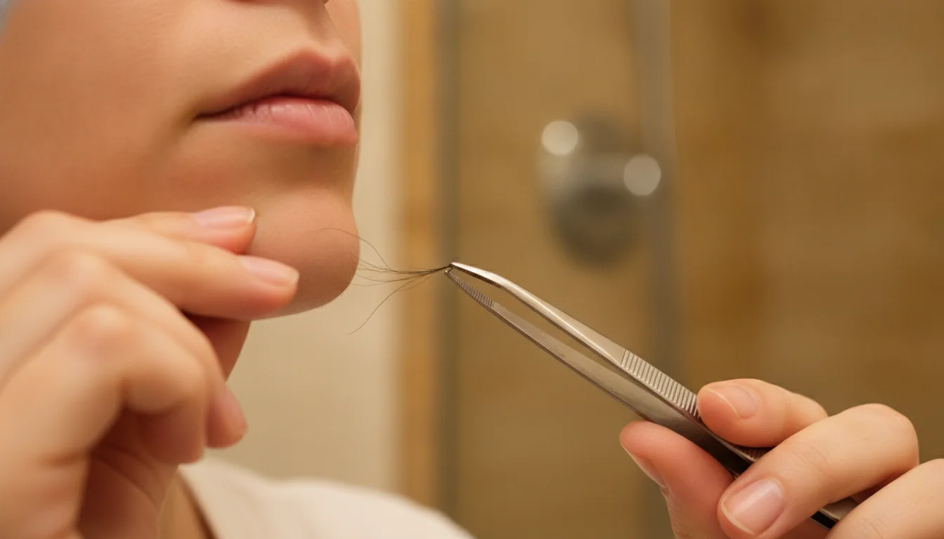 Hands using slant-tip tweezers to pluck a coarse hair from the chin
