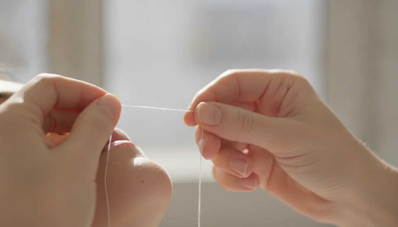 A twisted cotton thread being rolled across the chin to remove hair