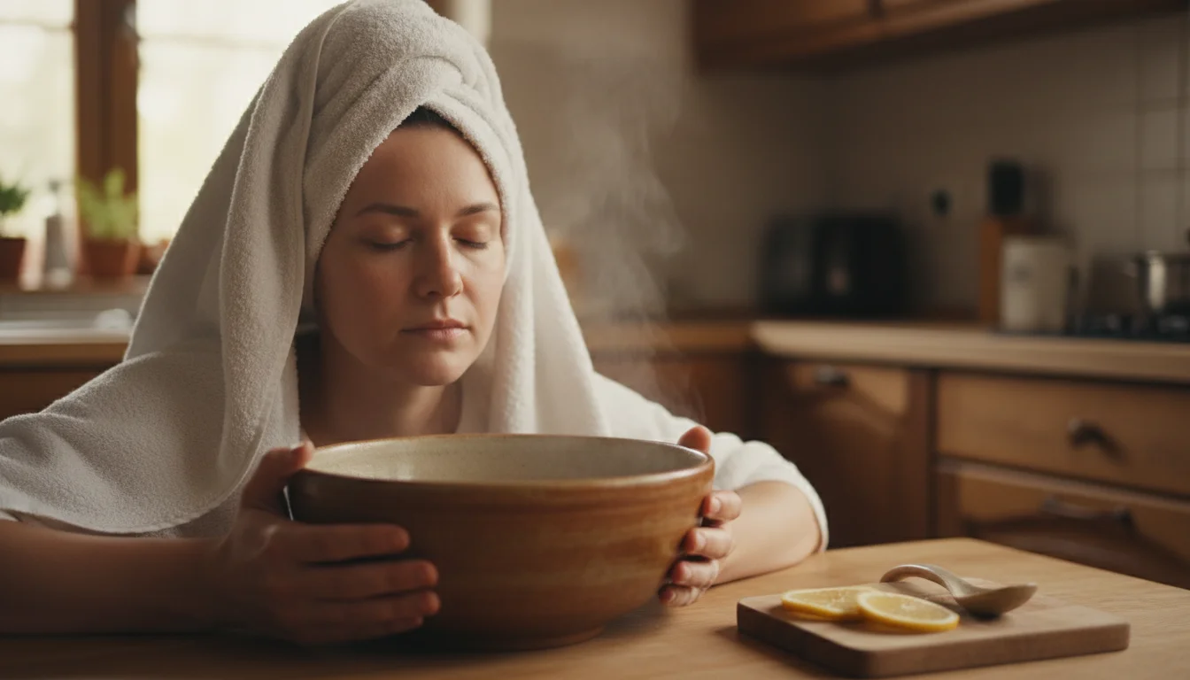 Person inhaling steam from a bowl of hot water with a towel over their head
