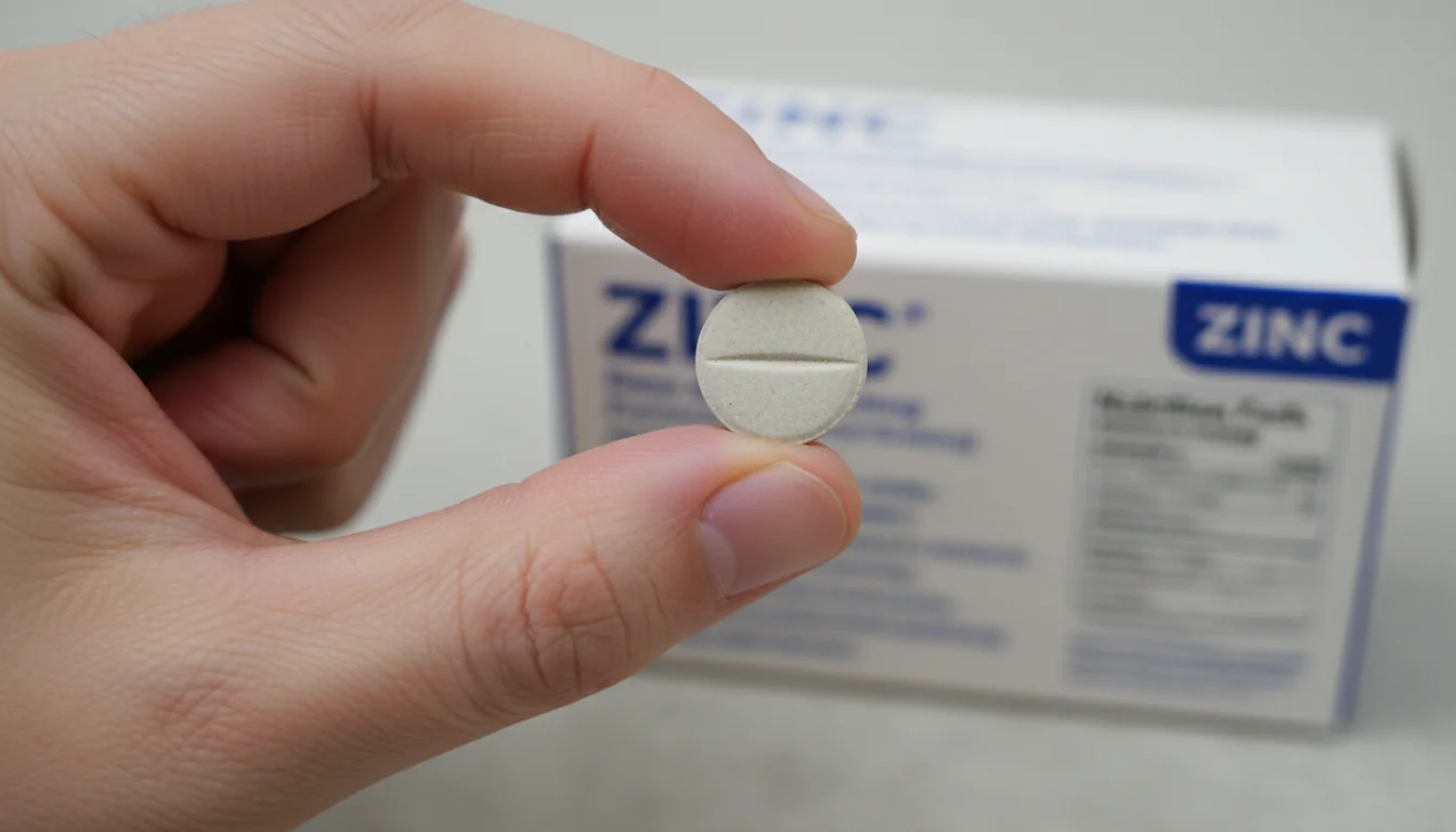 Zinc lozenge held in hand showing size and texture