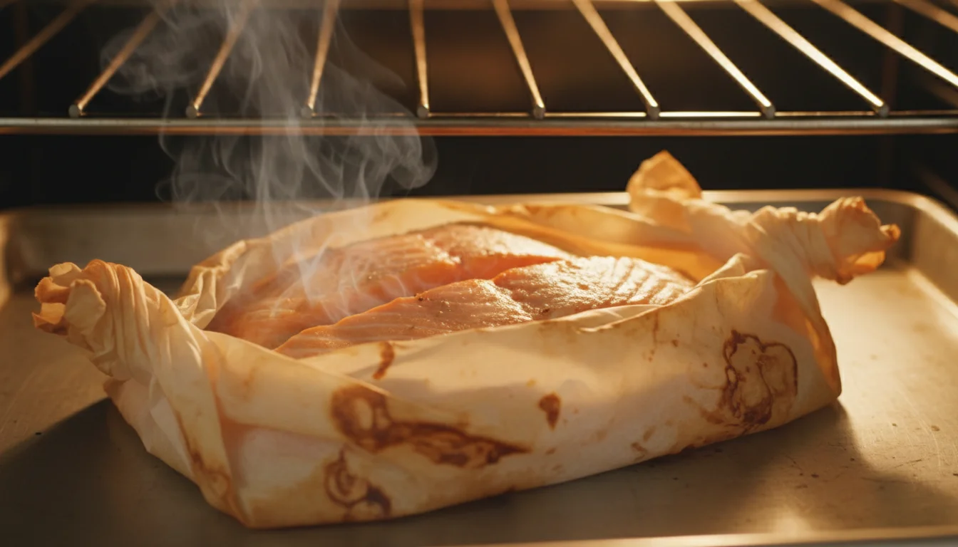 Fish fillets sealed in parchment paper packets on a baking sheet ready to go in the oven