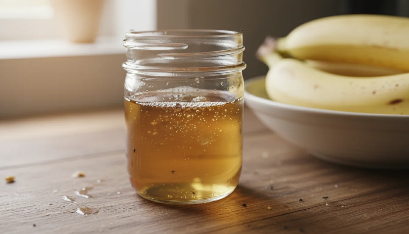 Apple cider vinegar trap with fruit flies on a kitchen counter